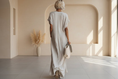 Lace-Trimmed Loose Linen Cotton Long Dress for Women FitiqueFit