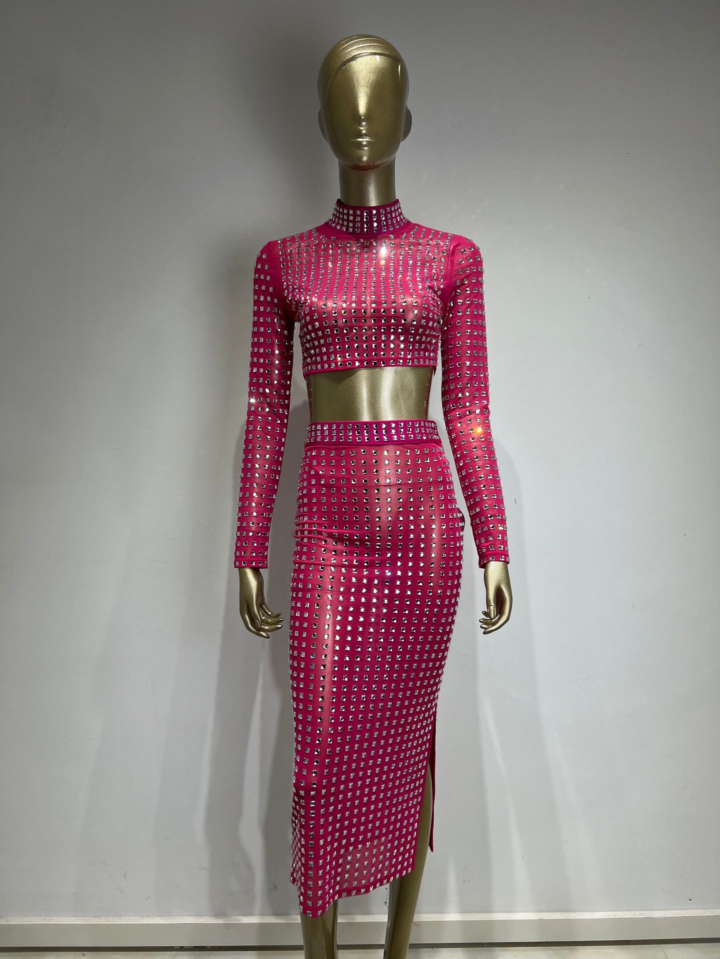 Hot Girl Women's Fashion Rivet Elastic Tight Skirt Suit See size chart under “more details” The Fashion Celestial