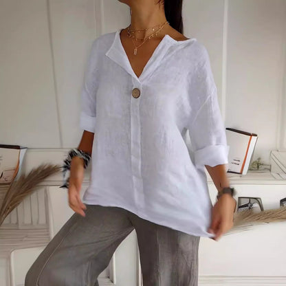 Women's V-Neck Long-Sleeve Button Top – Loose Fit Casual Blouse FitiqueFit