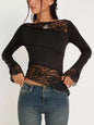 Asymmetrical Lace Trim Long Sleeve T-Shirt New Era Fashion LLc