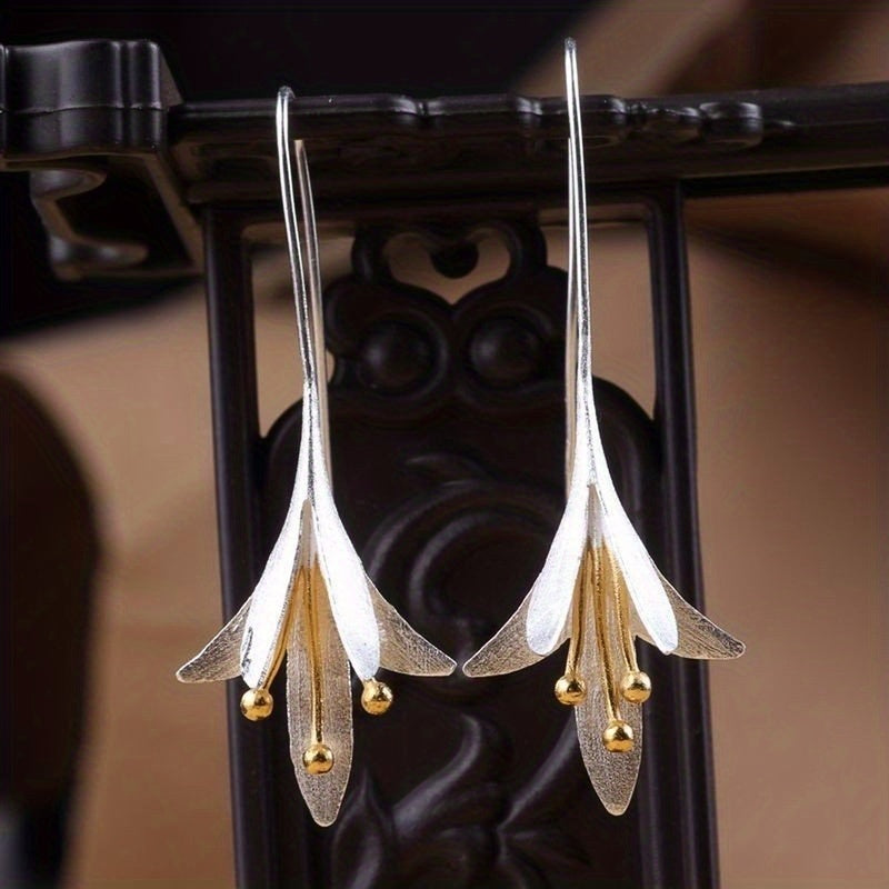 Female Fashion Vintage Blooming Flowers Two Tone Dangle Hanging Engagement Jewelry Earrings NovaCart