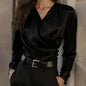 Women's Elegant Cross V-Neck Blouse, Ruffle Detail Button Accent Office Shirt FitiqueFit