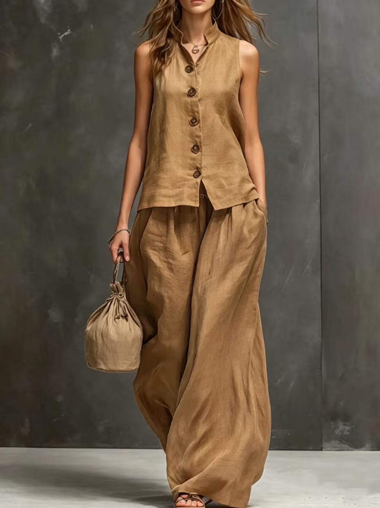 Women's Sleeveless Vest & Wide-Leg Pants Two-Piece Set – Cotton Linen FitiqueFit