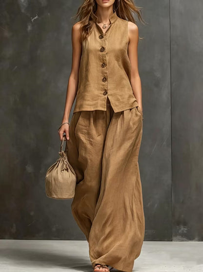 Women's Sleeveless Vest & Wide-Leg Pants Two-Piece Set – Cotton Linen FitiqueFit
