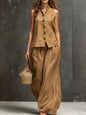 Women's Sleeveless Vest & Wide-Leg Pants Two-Piece Set – Cotton Linen FitiqueFit