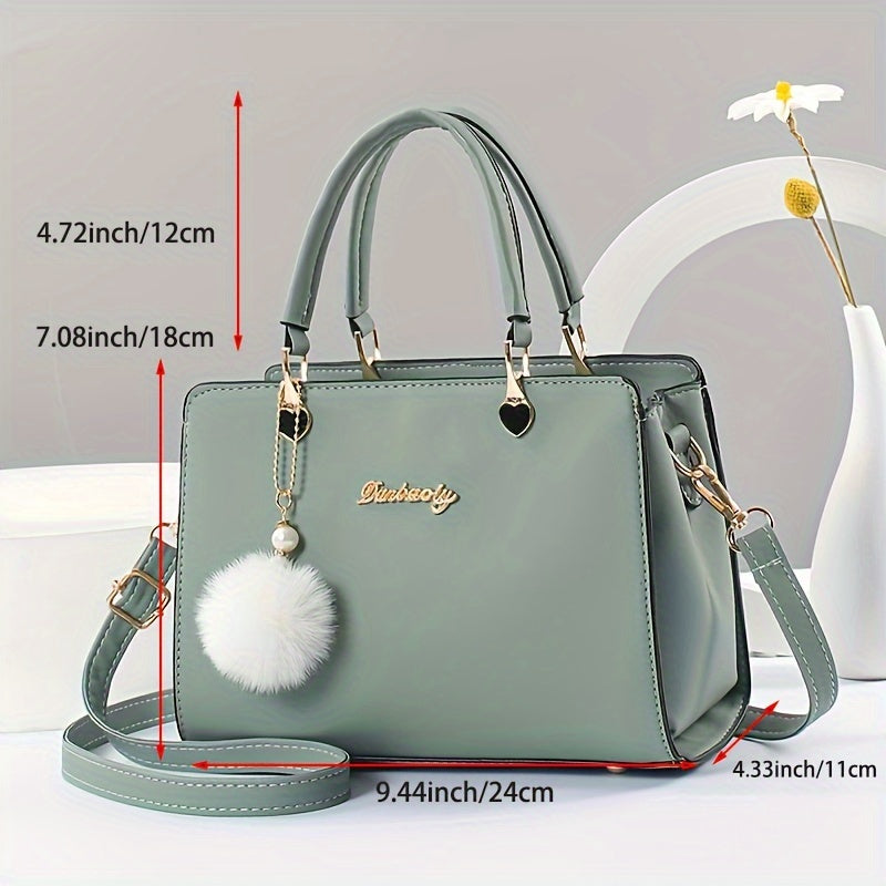 Solid Color Faux Leather Shoulder Bag - Detachable Strap, Zip Closure, Multi-Layer Crossbody Design, Polyester Lining, Fade-Resistant, Pom-Pom Pendant - The Perfect Holiday Gift for Valentine'S Day, Mother'S Day NovaCart
