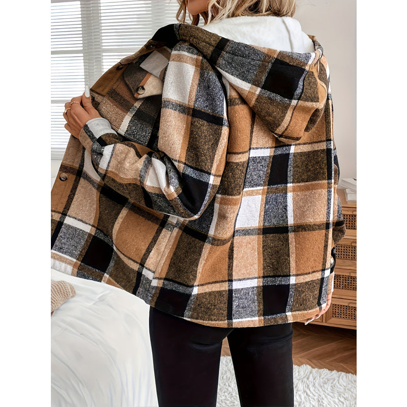 Women's Plaid Fleece Lined Hooded Jacket FitiqueFit
