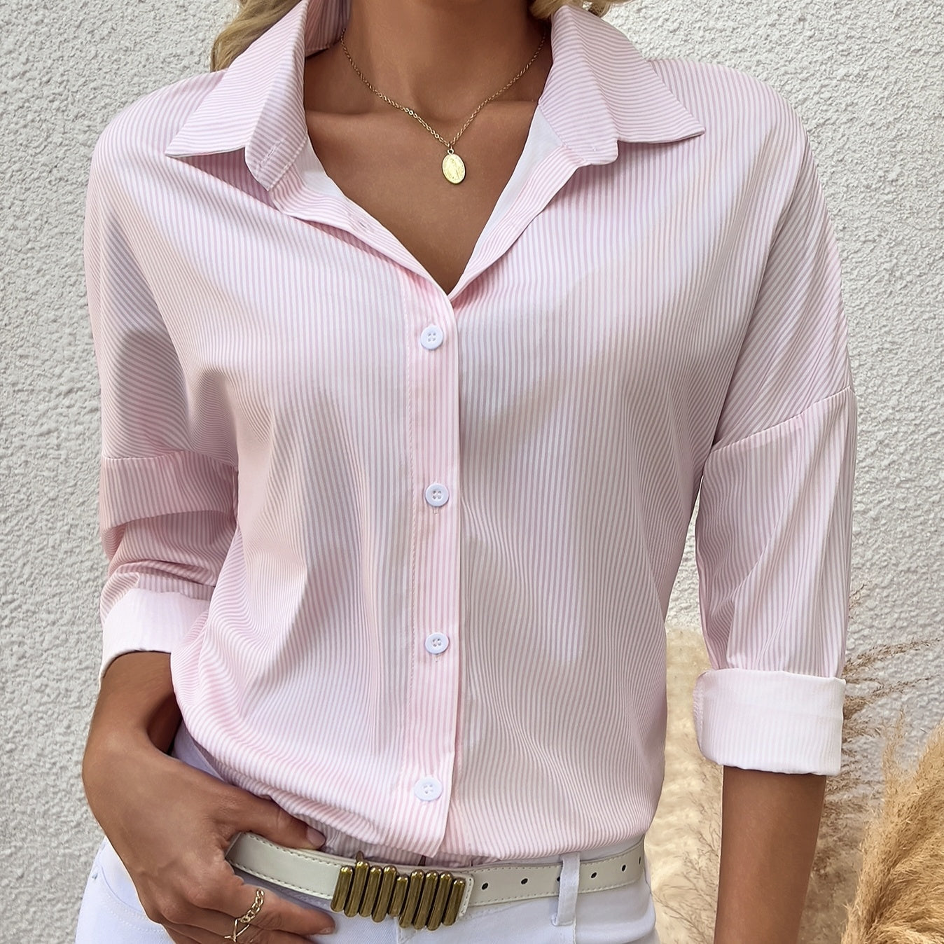 Women's Striped Lapel Long Sleeved Shirt Top FitiqueFit