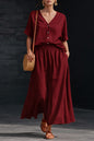 Women's Cotton-Linen V-Neck Button-Up Top & Long Skirt Set FitiqueFit