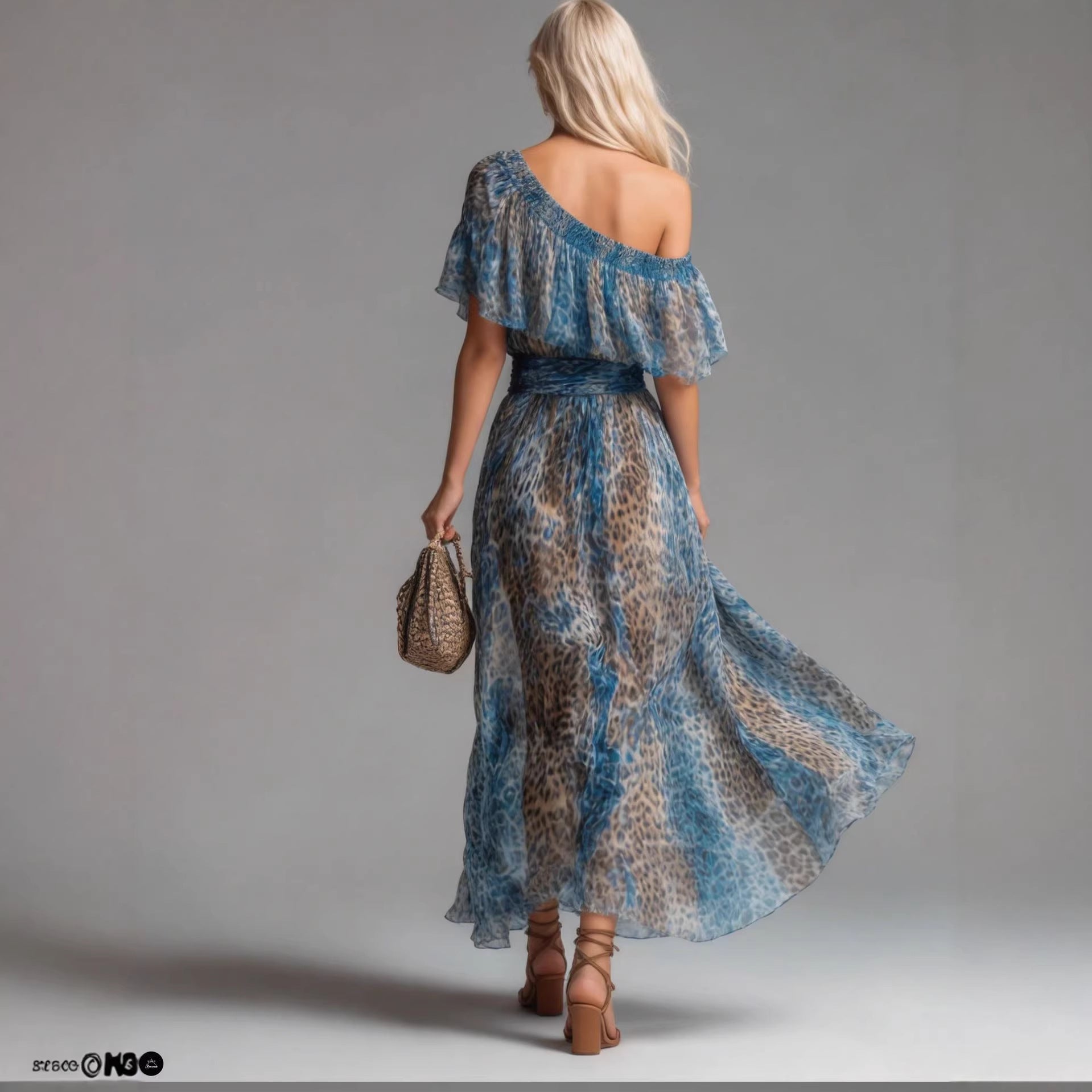 Peacock Blue Leopard Print Chiffon Off-Shoulder Dress – Boho A-Line FitiqueFit