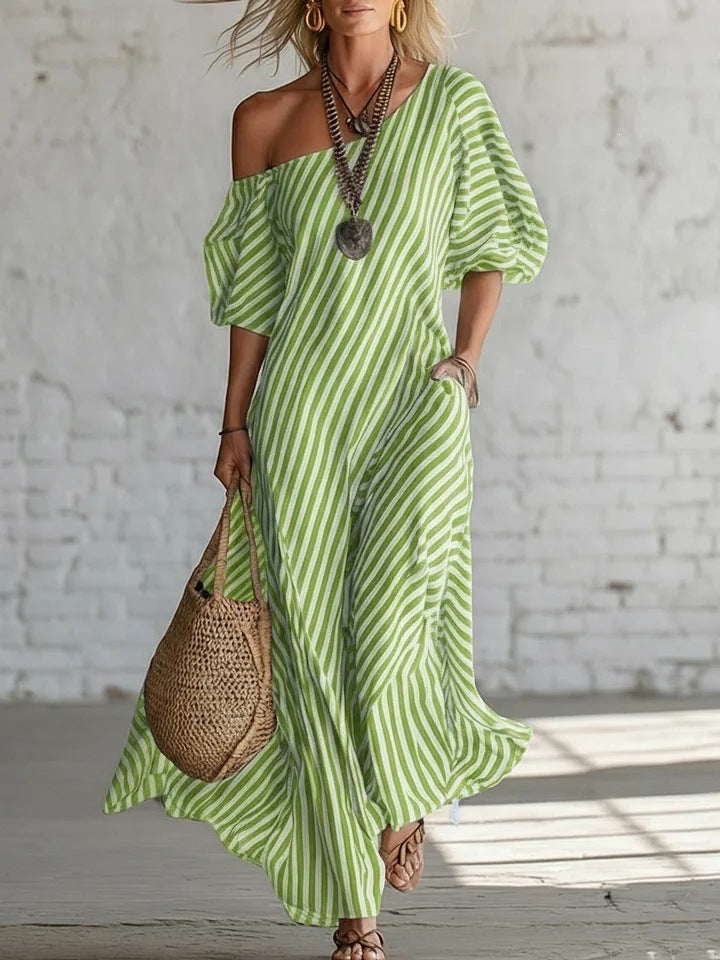 Women's Striped Off-Shoulder Elegant Midi Dress FitiqueFit