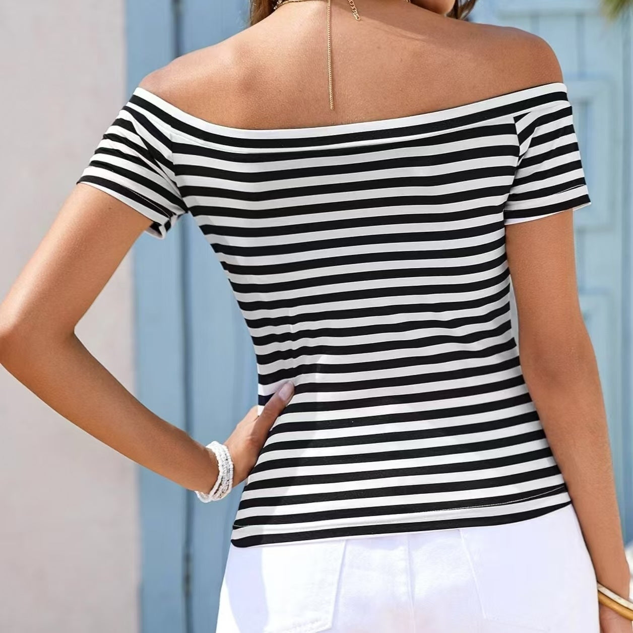 Ladies' Off Shoulder Striped Top Casual One Shoulder Shirt FitiqueFit