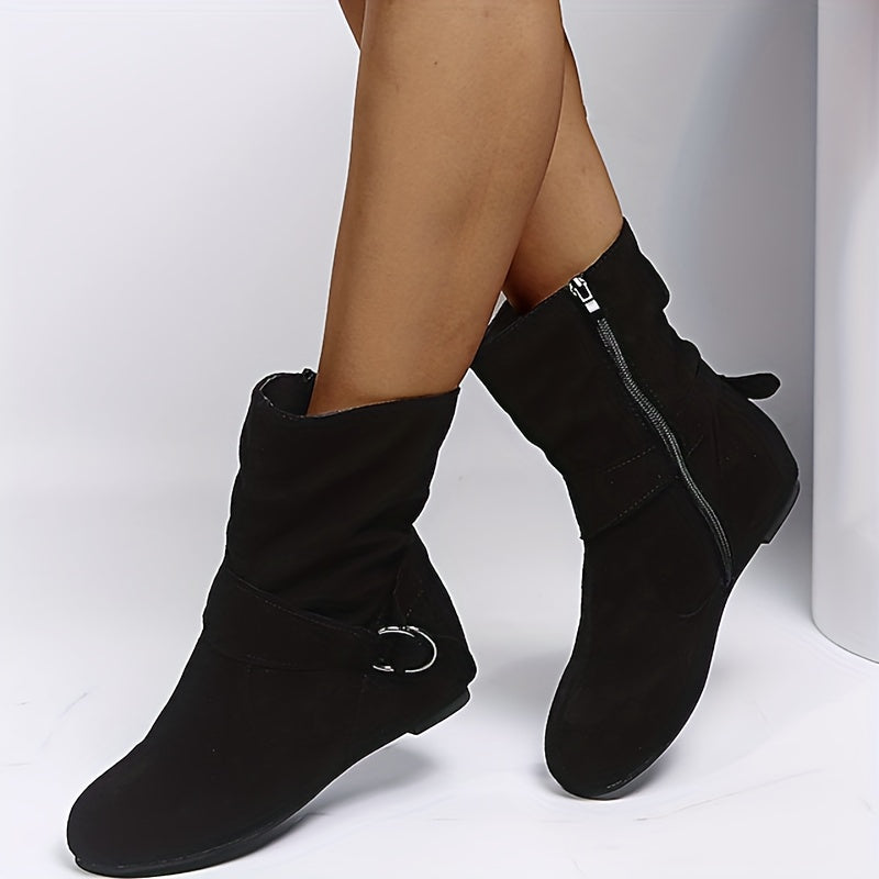 1.18inch Inner Height Increase Women's Short Boots with Flat Sole, Buckle Closure, Comfortable, Warm, and Lightweight, Women Shoes NovaCart