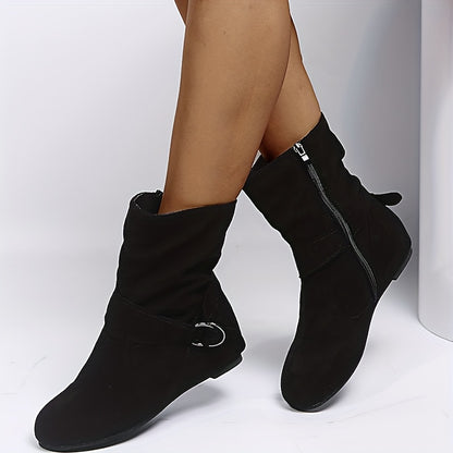 1.18inch Inner Height Increase Women's Short Boots with Flat Sole, Buckle Closure, Comfortable, Warm, and Lightweight, Women Shoes NovaCart