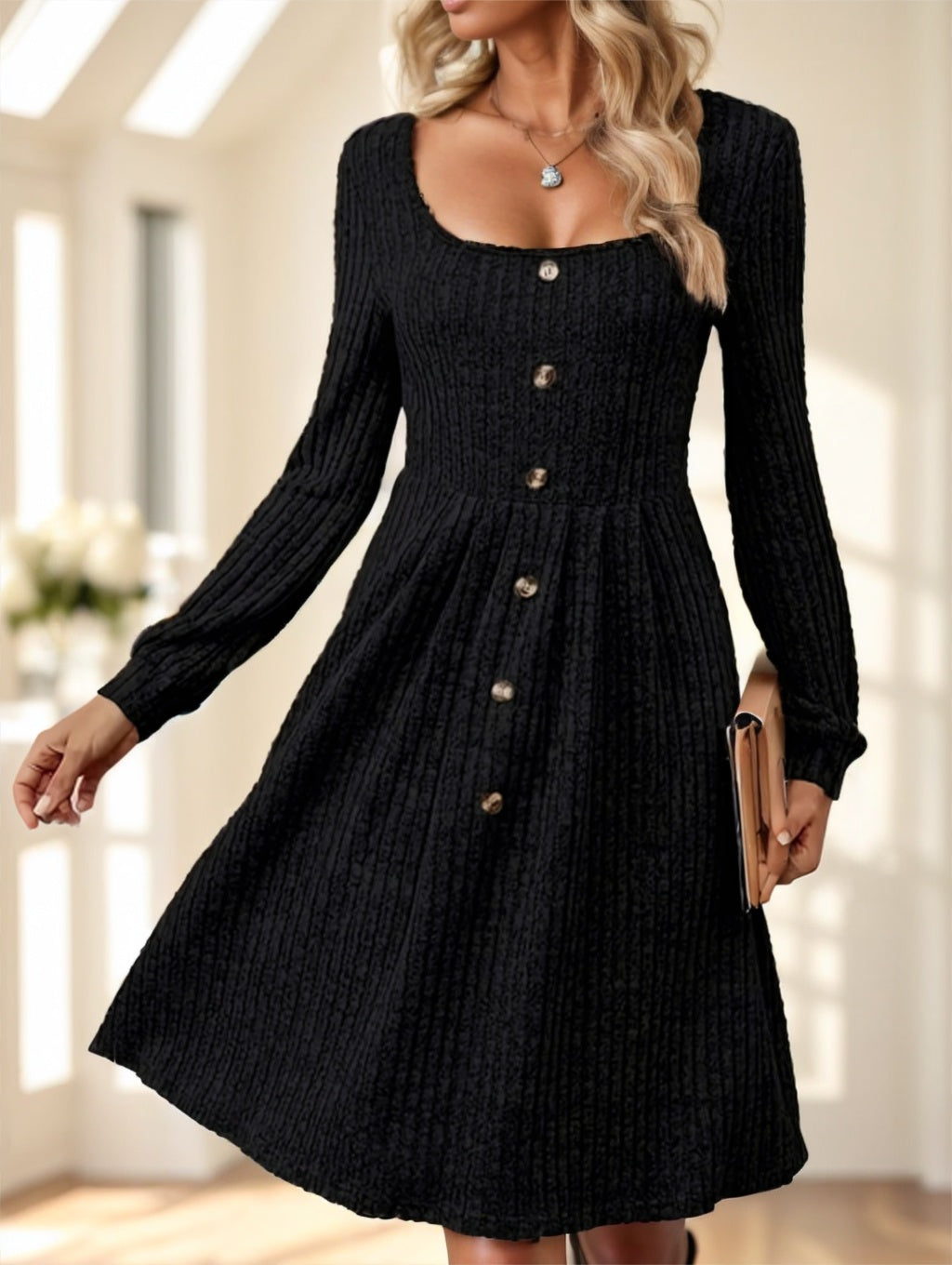 Elegant Long Sleeve Ribbed Knit Dress With Button Details Grayceful LLC