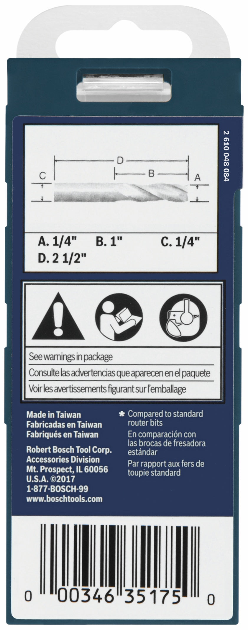 BOSCH 85911MC 1/4 In. x 1 In. Solid Carbide Double-Flute Upcut Spiral Router Bit VM Hardware