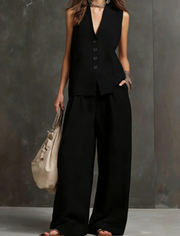 Women's Linen Sleeveless Vest & Wide-Leg Pants Two-Piece Set FitiqueFit