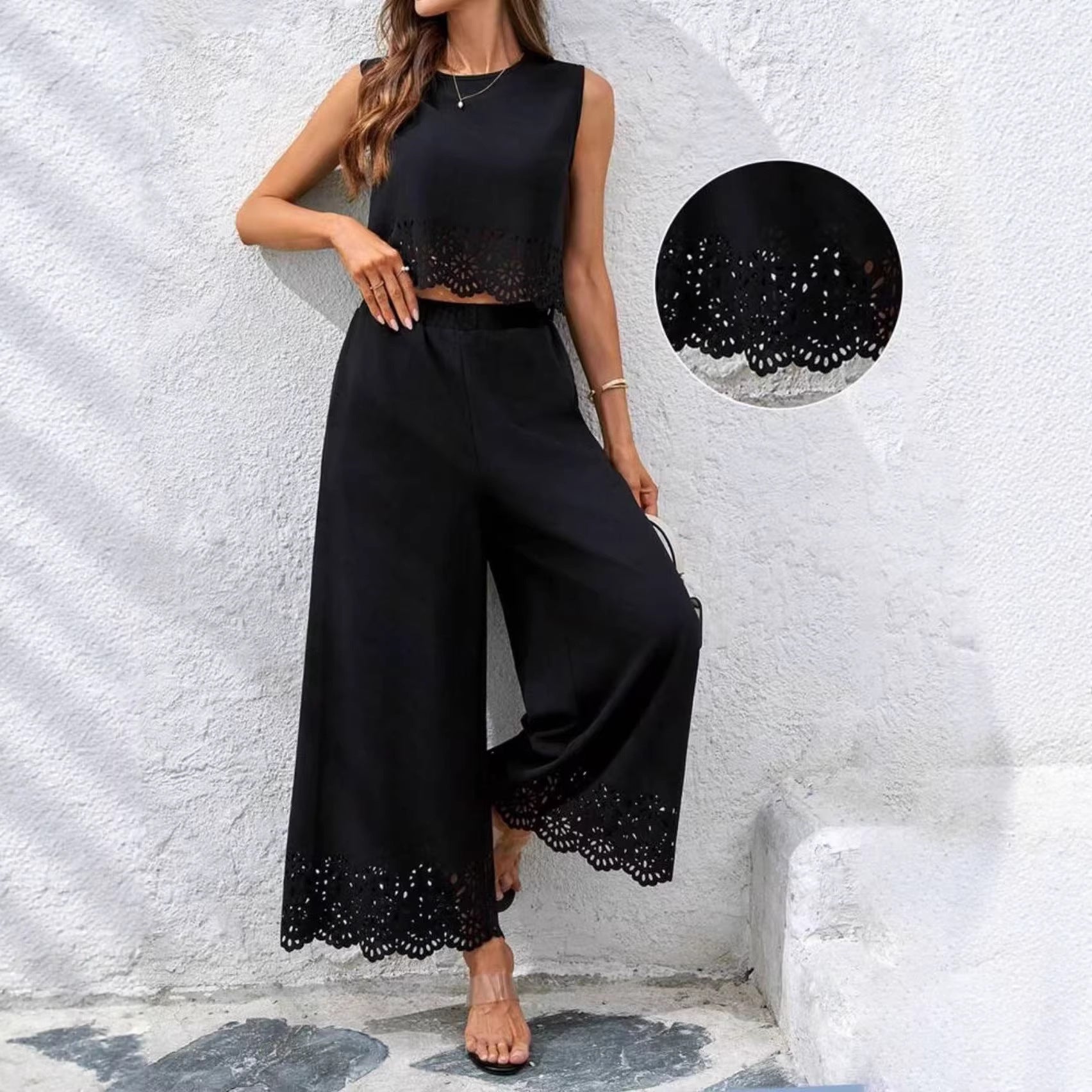 Women's Resort-Style Hollow-Out Tank Top & Pants Set – 2-Piece with Pockets FitiqueFit