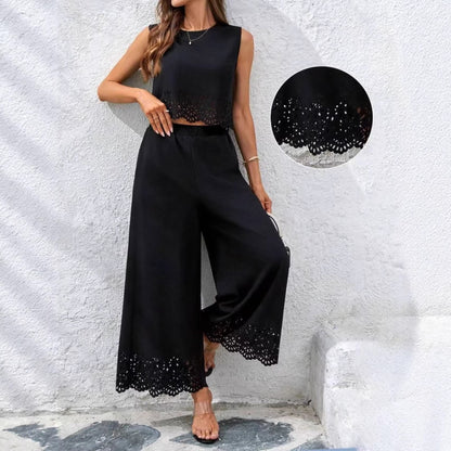 Women's Resort-Style Hollow-Out Tank Top & Pants Set – 2-Piece with Pockets FitiqueFit