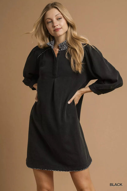 Umgee French Terry Balloon Sleeve Shift Dress with Leopard Print Detail West2East Surf