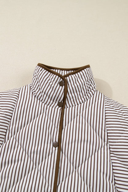 Brown Stripe Quilted Wavy Hem Snap Button Plus Size Vest Garden Naked Curves