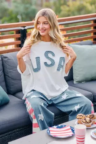 BiBi 4th Of July Usa Letter Patchwork French Terry Top New Era Fashion LLc