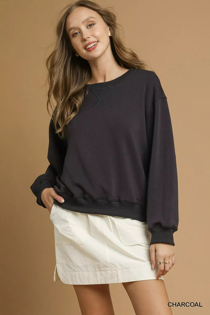 Umgee Round Neck Long Sleeve Fleece Sweatshirt West2East Surf