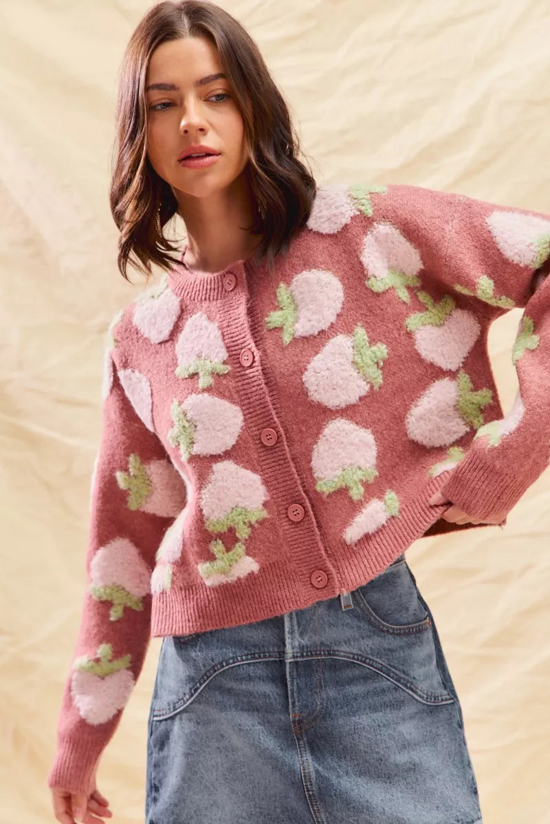 SO ME Strawberry Fruit All Over Button Sweater Cardigan FitiqueFit