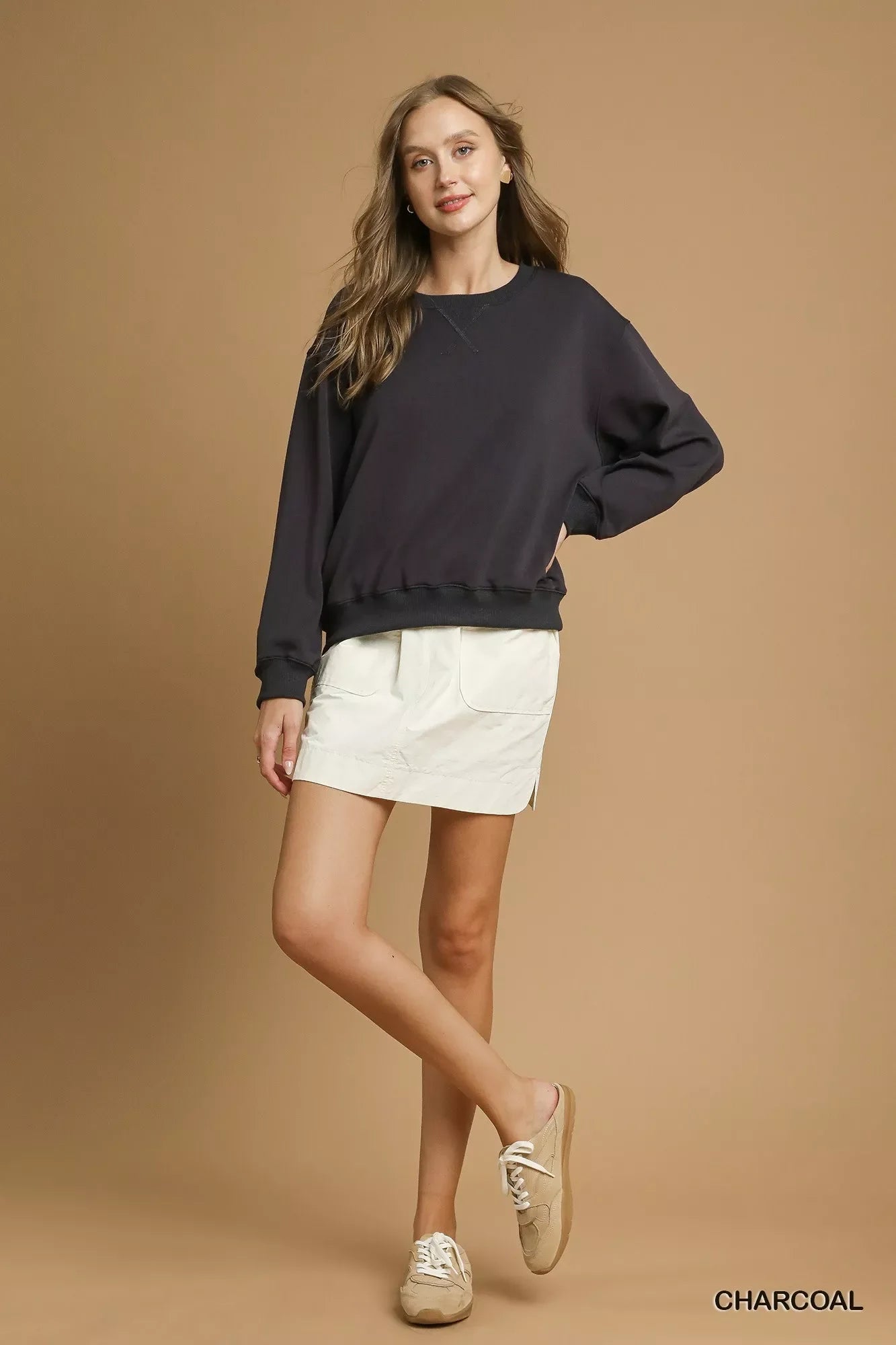 Umgee Round Neck Long Sleeve Fleece Sweatshirt West2East Surf
