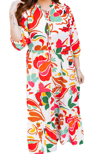 Orange Floral Print Drawstring V Neck Tiered Plus Size Dress Garden Naked Curves