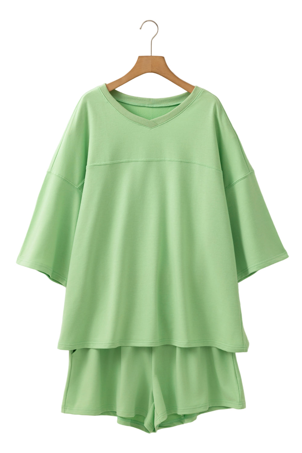 Meadow Mist Green Plus Size V Neck Drop Shoulder Tee Loose Shorts 2pcs Outfit Garden Naked Curves
