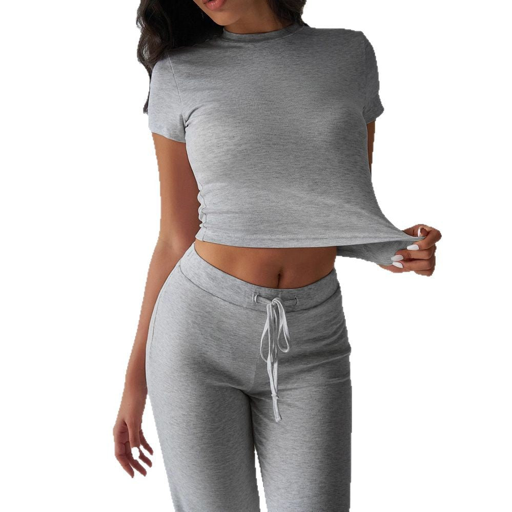 Crew Neck Short Sleeve Top & Full-Length Pants Set – Solid Color, 10 Colors FitiqueFit