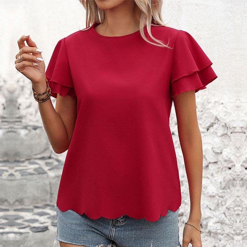 Lotus Blossom Ruffle Top - Stylish Red Double-layer Lotus Leaf Sleeve Blouse Country in My Heart