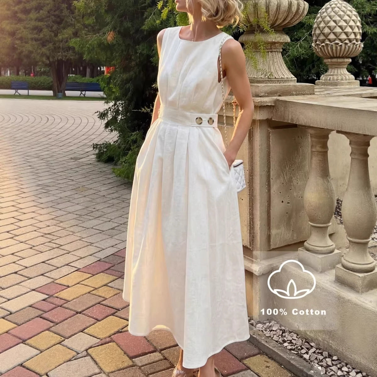 Women's French Minimalist Sleeveless Crew-Neck Midi Dress – White S–XXL FitiqueFit