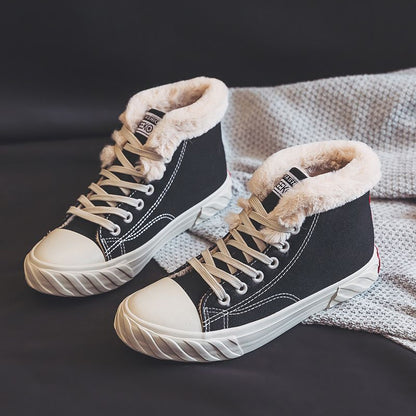 Women’s Warm Black Winter Thick Flat High-Top Velvet Canvas Shoes FitiqueFit