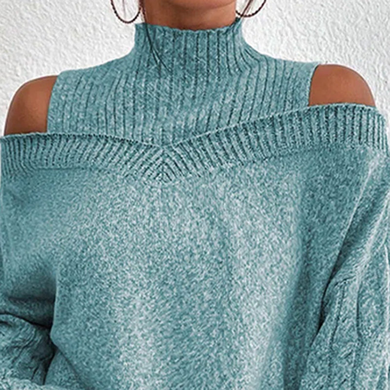 Women's Cold Shoulder Sweater - High Neck Cut Out Pullover Long Sleeve FitiqueFit