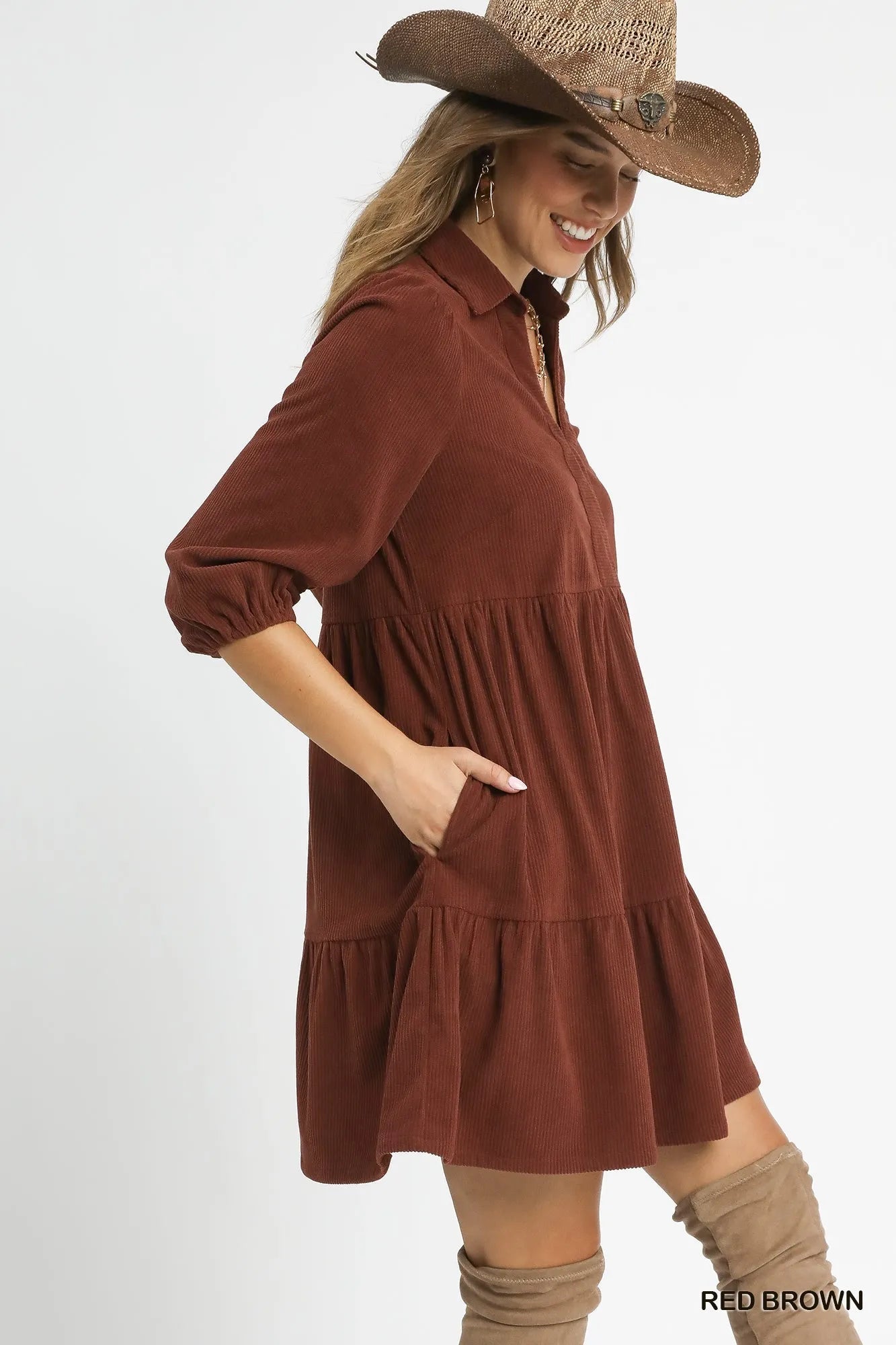 Umgee Tiered Corduroy Mini Dress with Balloon Sleeves West2East Surf