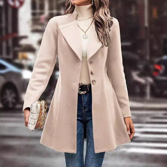 Women’s Winter Overcoat — Lapel Collar, Single-Breasted, Long Pea Coat FitiqueFit