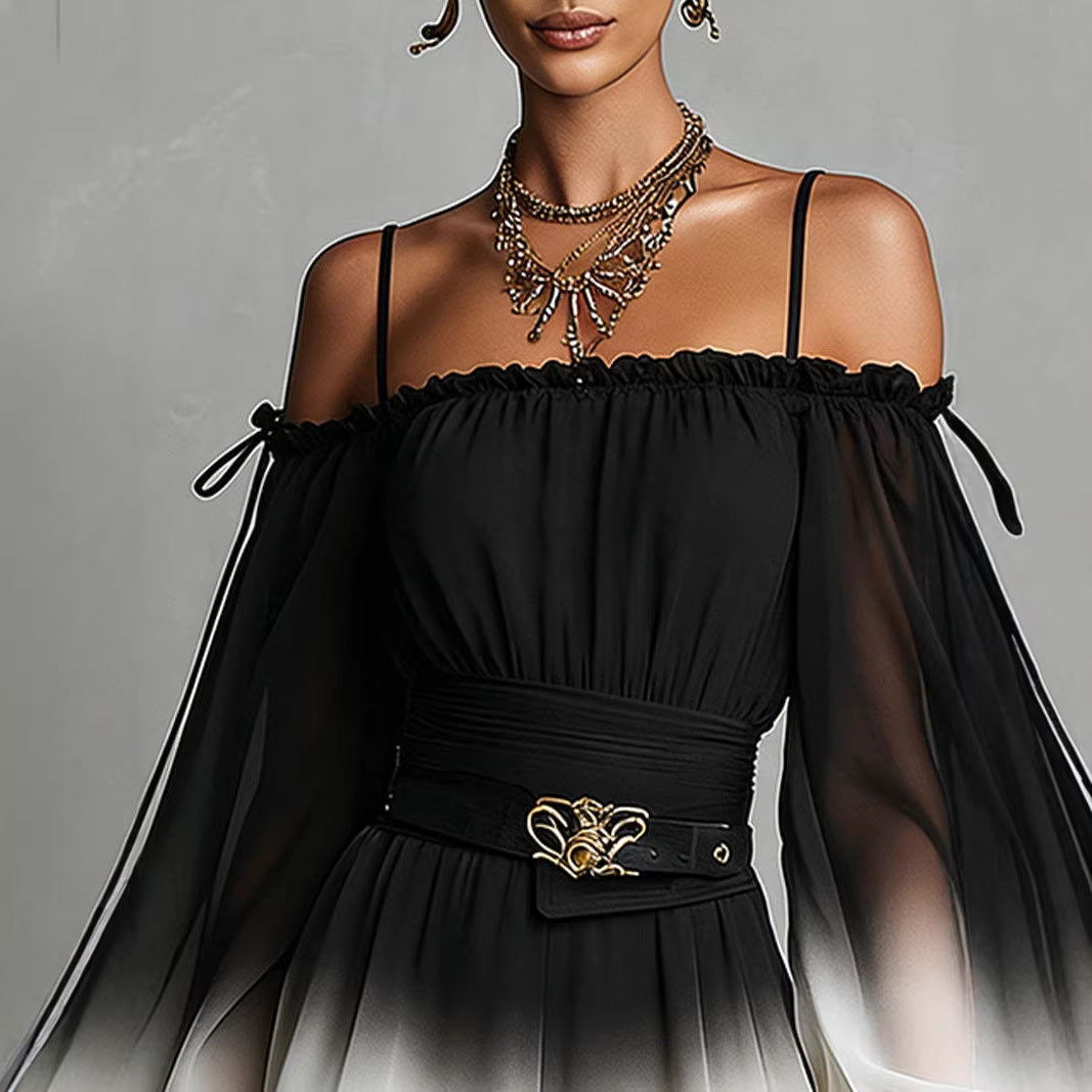 Off-Shoulder Ombre Puff-Sleeve Chiffon Jumpsuit with Belt FitiqueFit