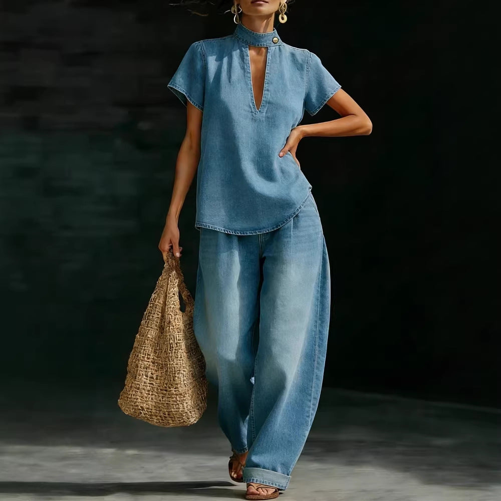 Faux Denim Two-Piece Set – Loose-Fit Short-Sleeve & Pants FitiqueFit