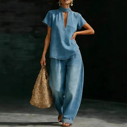 Faux Denim Two-Piece Set – Loose-Fit Short-Sleeve & Pants FitiqueFit
