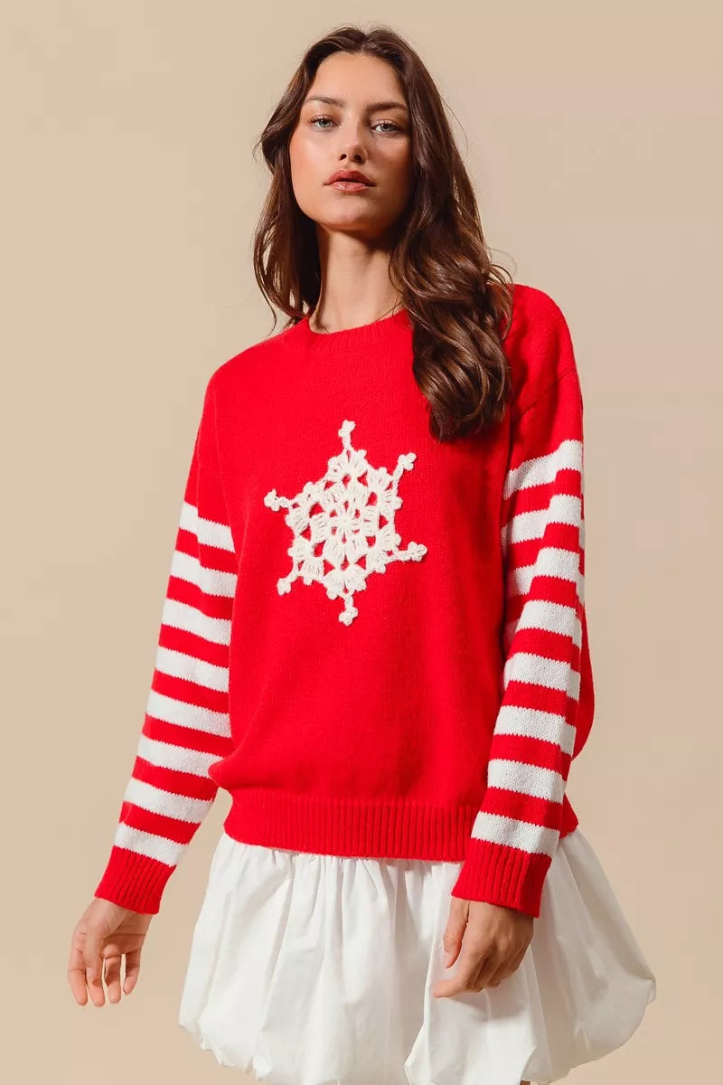 SO ME Christmas Snowflake Crochet Embellished Sweater West2East Surf
