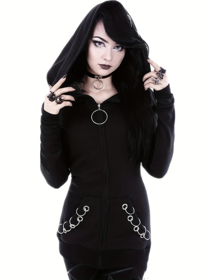 Solid Color Hooded Sweater with Ring Accent - Casual Round Neck Pullover, Medium Elasticity All-Season Sweaters for Layering, Machine Washable Sweaters for or Weekend Outfits (Compatible with Dresses) NovaCart