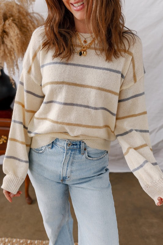 Stripe Ribbed Trim Drop Shoulder Sweater Shop Style & More | Fresh Looks, Everyday Deals & Free Shipping
