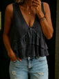 V-Neck Ruffled Sleeveless Vest Top – Solid Color Women’s Tank FitiqueFit