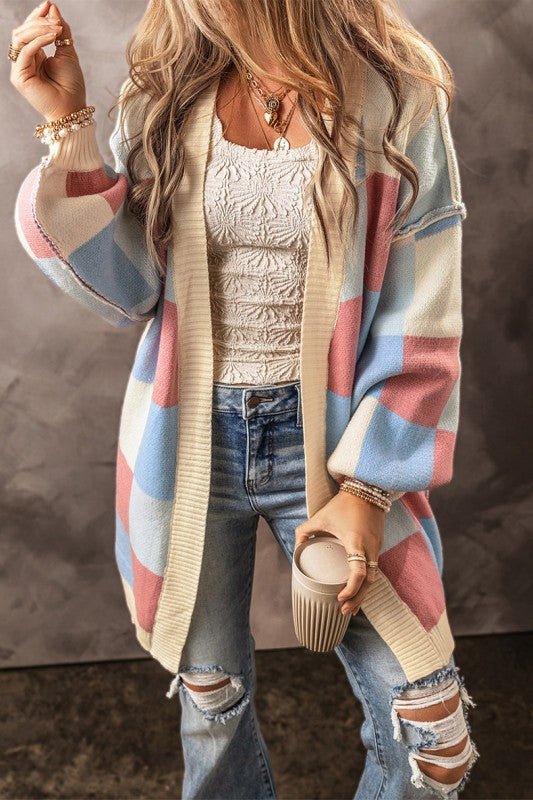 Checkered Drop Shoulder Seam Open Front Cardigan Shop Style & More | Fresh Looks, Everyday Deals & Free Shipping