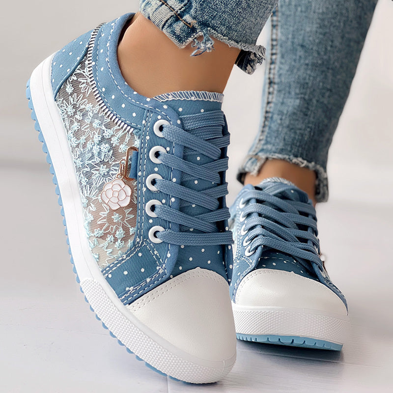 Floral Embroidered Polka Dot Print Sneakers — Women’s Casual Canvas Shoes FitiqueFit