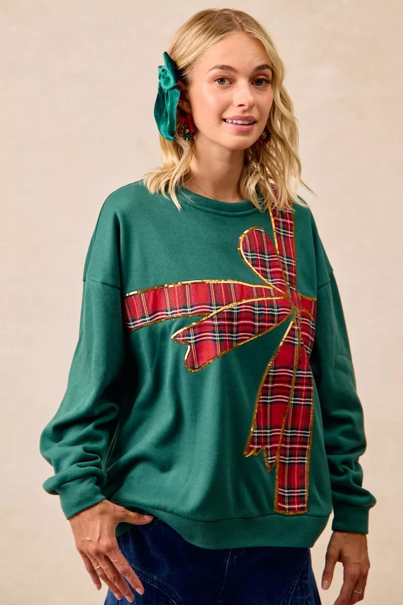 BiBi Plaid Ribbon Bow Detail Christmas Fleece Pullover FitiqueFit