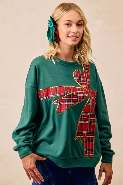 BiBi Plaid Ribbon Bow Detail Christmas Fleece Pullover FitiqueFit