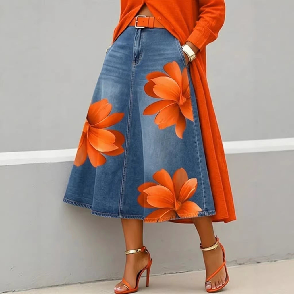 Women's Floral Print A-Line Midi Skirt – Denim-Style Boho Skirt FitiqueFit